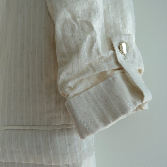 ZARA Linen Blend Neutral Oatmeal Stripe Roll Tab Sleeve Blazer Preppy - Size M - Picture 6 of 12